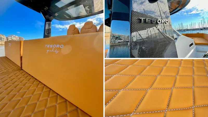 Quantum Yacht Photos Pics 2024 Tesoro T40 Inboard yacht with luxurious tan leather interior and sleek carbon fiber exterior.