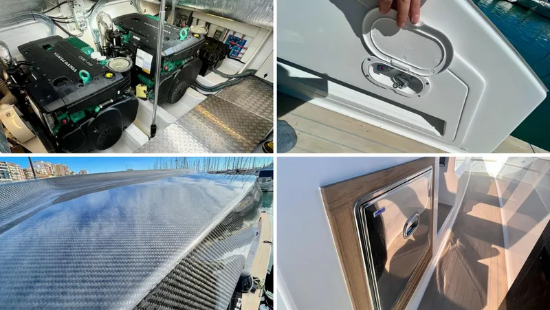 Quantum Yacht Photos Pics 2024 Tesoro T40 Inboard boat features: engine, hatch, carbon fiber detail, storage compartment.