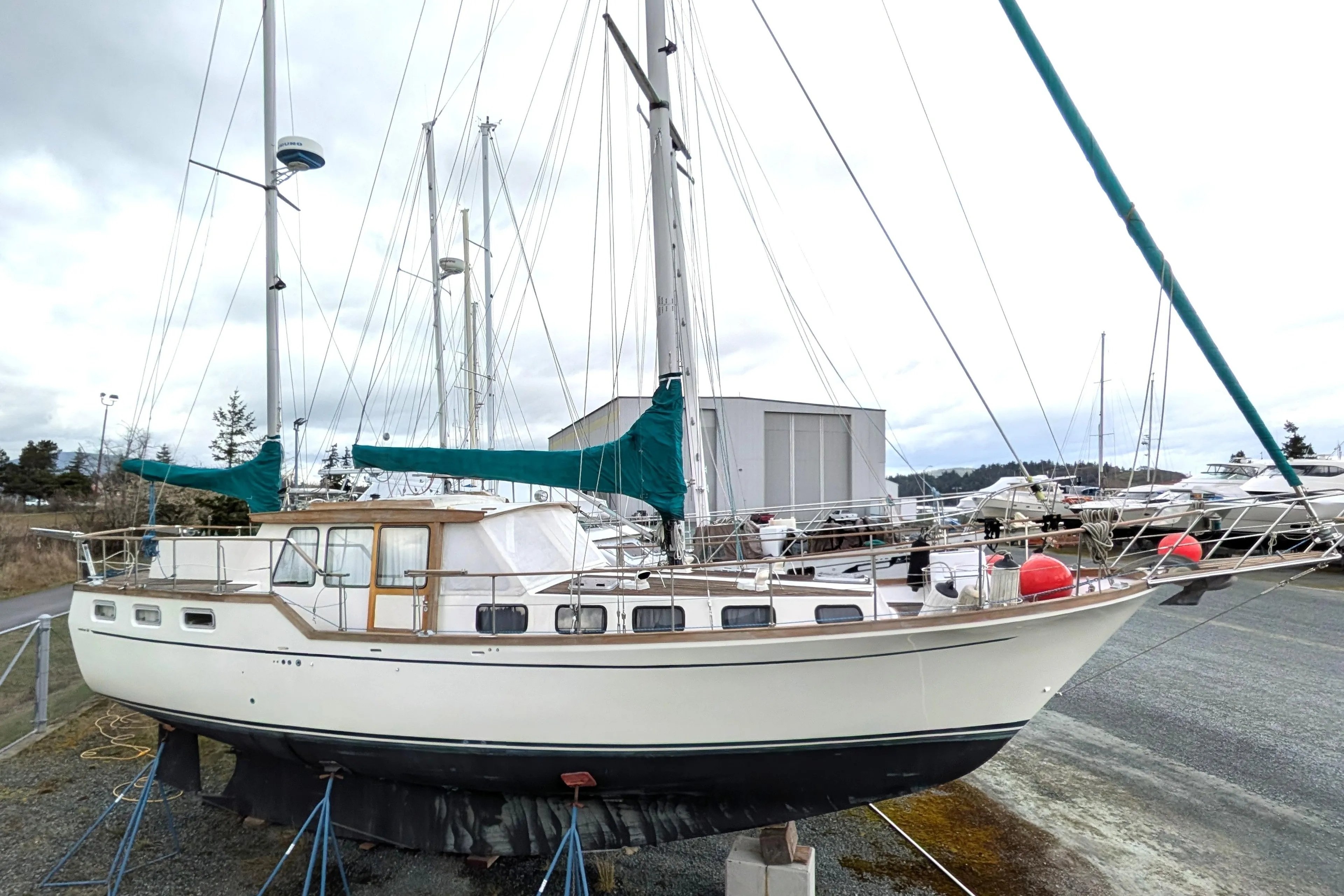 1985 Siltala Nauticat 44 sailboat on dry dock, showcasing its classic design and structure.