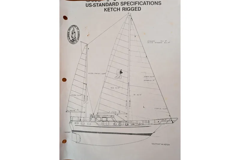 Firefly Yacht Photos Pics Blueprint of 1985 Siltala Nauticat 44 ketch-rigged sailboat, detailed specifications.