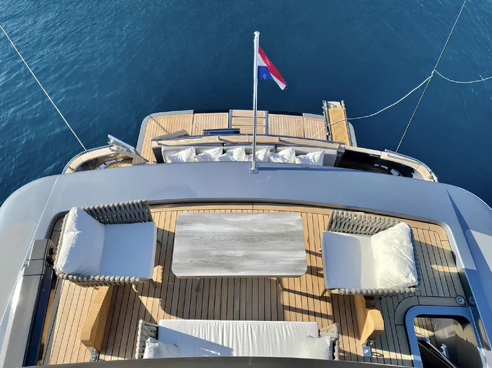  Yacht Photos Pics Luxurious yacht deck with seating, table, and flag, Custom model 34, 2008.