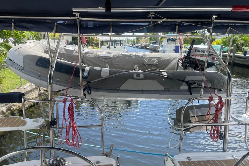 Sailing Diver Yacht Photos Pics Inflatable dinghy on a 2010 Hunter 49 Aft Cockpit yacht, docked by a canal.