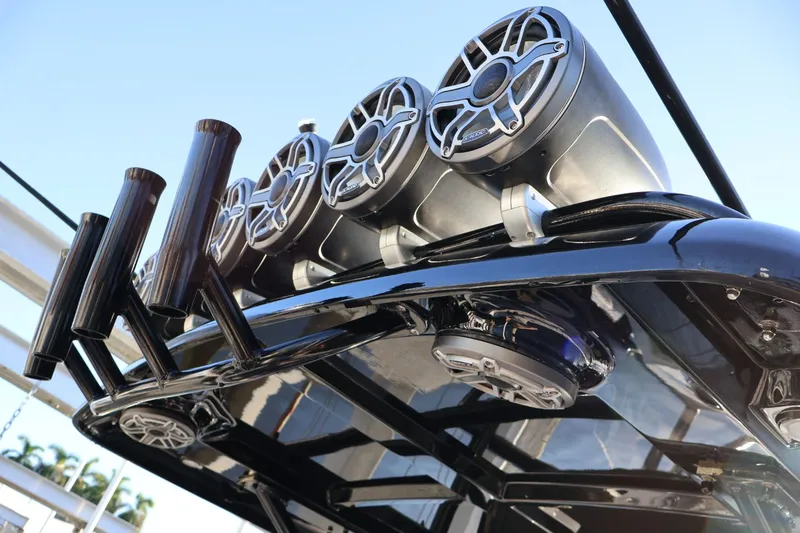  Yacht Photos Pics 2012 Donzi 38 ZF boat with sleek black speakers and rod holders.