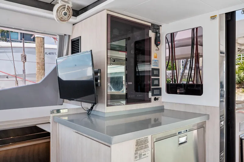 Always Wet Yacht Photos Pics Interior of 2021 Leopard 45 yacht with modern amenities and sleek design.