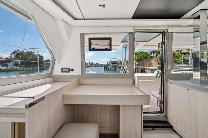 Always Wet Yacht Photos Pics Interior of 2021 Leopard 45 yacht with modern design and waterfront view.
