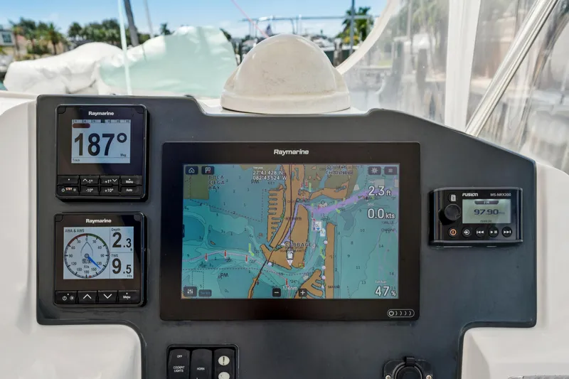 Always Wet Yacht Photos Pics Navigation system on 2021 Leopard 45 yacht with Raymarine displays.