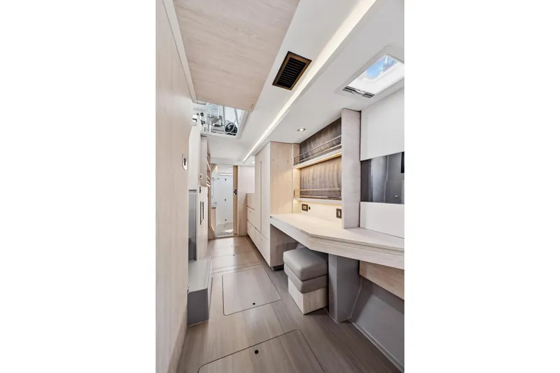 Always Wet Yacht Photos Pics Modern interior of 2021 Leopard 45 yacht with sleek design and natural lighting.