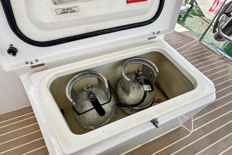 Always Wet Yacht Photos Pics Gas bottle stowage locker on 2021 Leopard 45 yacht deck.