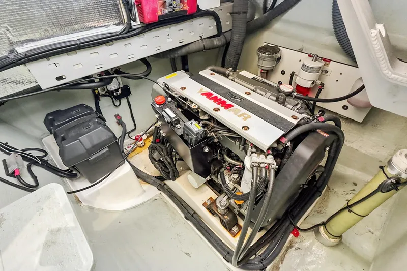 Always Wet Yacht Photos Pics Engine room of a 2021 Leopard 45 yacht featuring a Yanmar engine.