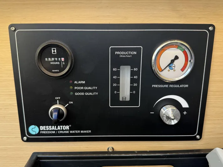 Cassiopee Yacht Photos Pics 2023 Beneteau Swift Trawler 41 Fly water maker control panel with gauges and settings.