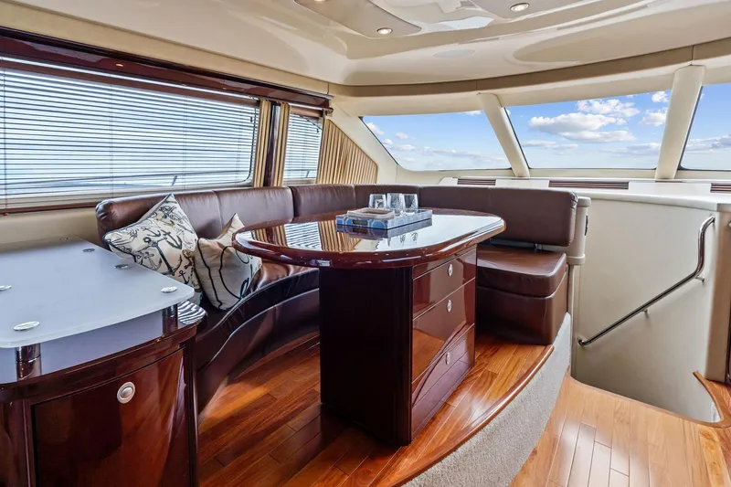 Sea-dels Yacht Photos Pics Luxurious interior of 2007 Sea Ray 58 Sedan Bridge yacht with elegant seating and wooden flooring.