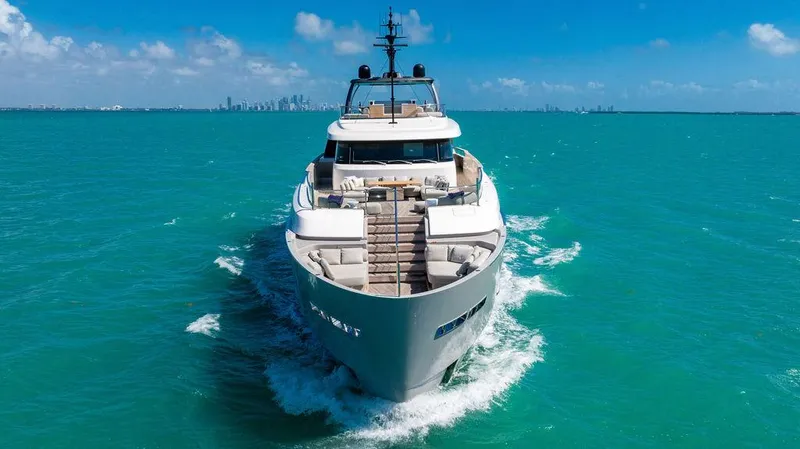 The Wolf Yacht Photos Pics 2023 Sanlorenzo SD118 yacht cruising on turquoise ocean waters.