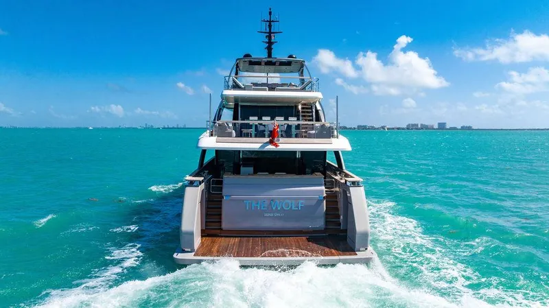 The Wolf Yacht Photos Pics Sanlorenzo SD118 yacht cruising in turquoise waters, 2023 model, rear view.