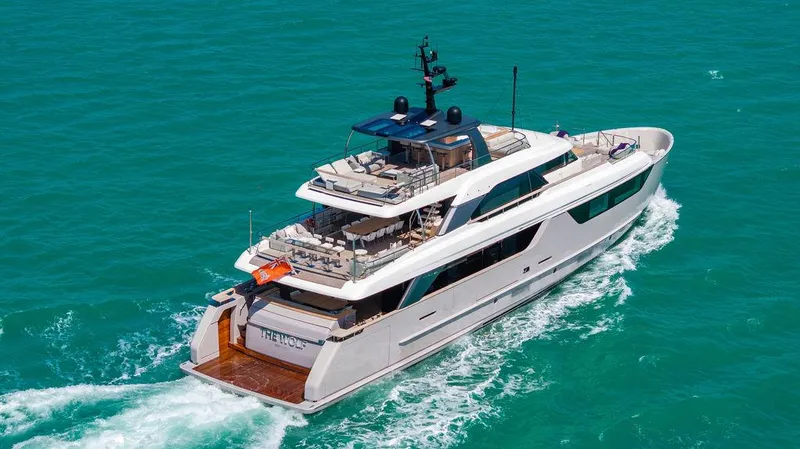 The Wolf Yacht Photos Pics 2023 Sanlorenzo SD118 yacht cruising on turquoise waters, showcasing luxury and modern design.