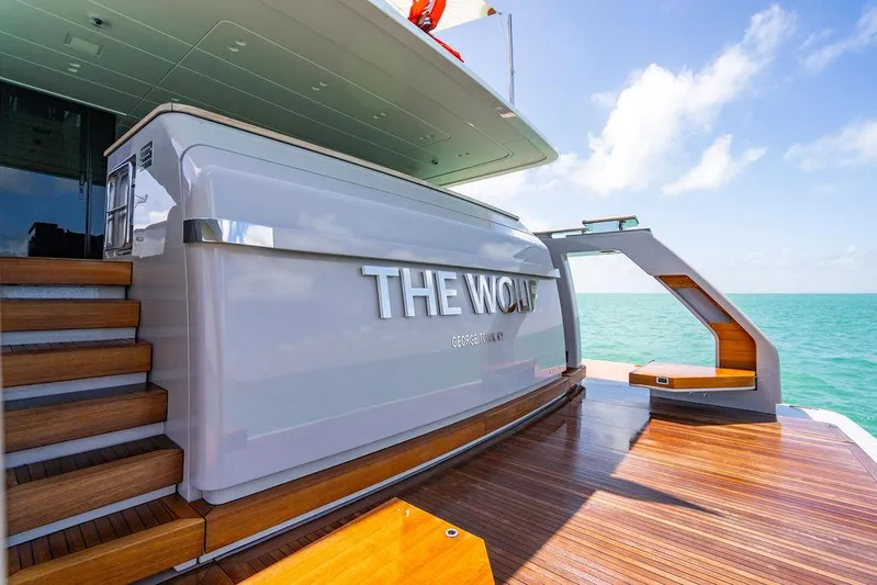 The Wolf Yacht Photos Pics Sanlorenzo SD118 yacht, 2023 model, featuring elegant wooden deck and sleek design against ocean backdrop.