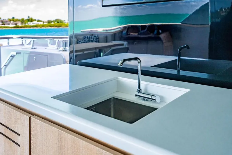 The Wolf Yacht Photos Pics Luxury yacht Sanlorenzo SD118 2023, featuring a sleek outdoor sink and modern design.