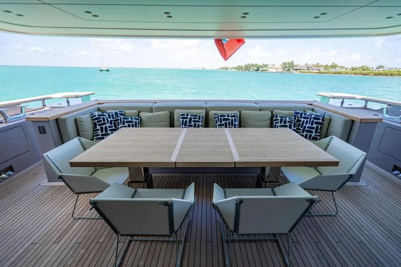 The Wolf Yacht Photos Pics Luxurious 2023 Sanlorenzo SD118 yacht deck with elegant seating and ocean view.