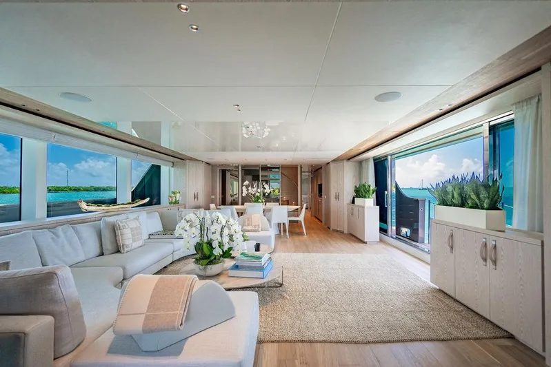 The Wolf Yacht Photos Pics Luxurious interior of 2023 Sanlorenzo SD118 yacht with elegant decor and ocean views.