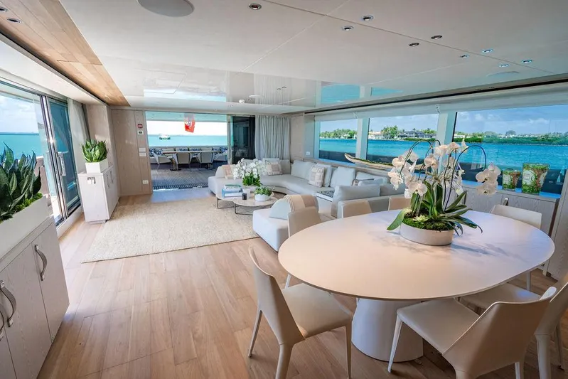 The Wolf Yacht Photos Pics Luxurious interior of 2023 Sanlorenzo SD118 yacht with elegant furnishings and ocean view.