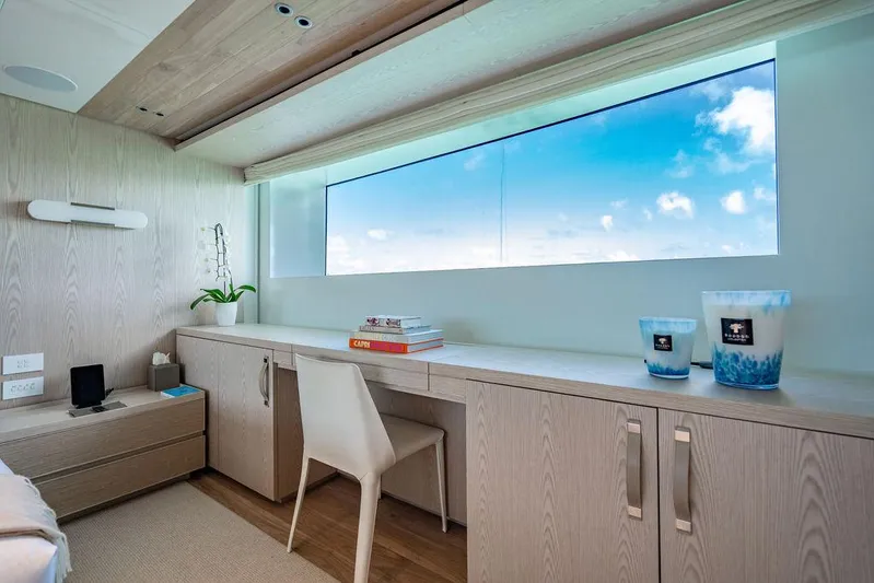 The Wolf Yacht Photos Pics Luxurious interior of 2023 Sanlorenzo SD118 yacht with ocean view window.