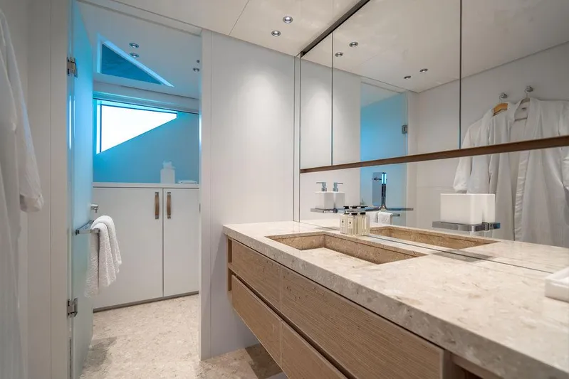 The Wolf Yacht Photos Pics Luxurious bathroom in 2023 Sanlorenzo SD118 yacht with modern fixtures and elegant design.