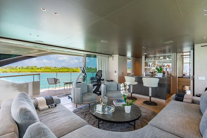 The Wolf Yacht Photos Pics Luxurious interior of 2023 Sanlorenzo SD118 yacht with modern furnishings and ocean view.