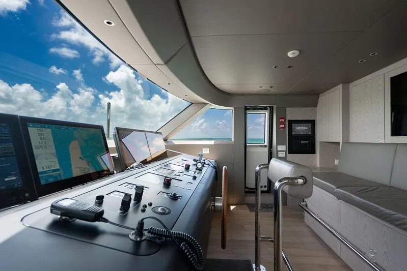 The Wolf Yacht Photos Pics Interior view of 2023 Sanlorenzo SD118 yacht's modern helm with navigation screens.