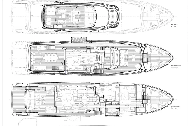 The Wolf Yacht Photos Pics Blueprint of 2023 Sanlorenzo SD118 yacht, showcasing detailed deck layouts and design features.