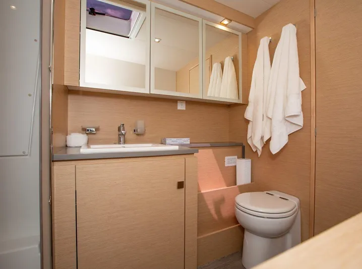 Wild Blue Yacht Photos Pics Luxurious bathroom in 2019 Fountaine Pajot MY 44 yacht with modern fixtures and elegant design.