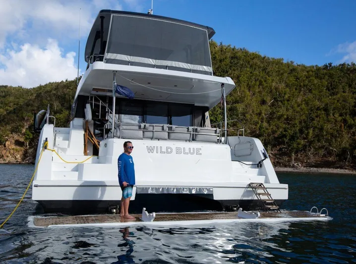 Wild Blue Yacht Photos Pics 2019 Fountaine Pajot MY 44 yacht "Wild Blue" anchored near lush coastline.