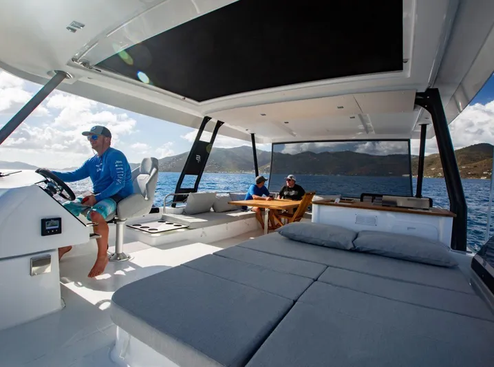 Wild Blue Yacht Photos Pics 2019 Fountaine Pajot MY 44 yacht interior with people enjoying the sea view.