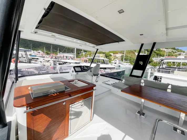 Wild Blue Yacht Photos Pics Interior view of 2019 Fountaine Pajot MY 44 yacht with modern helm and seating area.