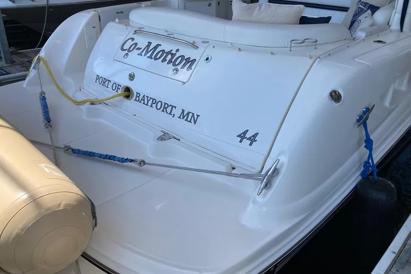 Co Motion Yacht Photos Pics 2008 Sea Ray 44 Sundancer boat docked, named "Co-Motion," Bayport, MN.