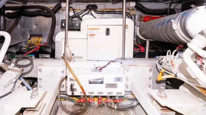  Yacht Photos Pics Engine room of a 2002 Silverton 41 Sport Bridge with visible machinery and wiring.