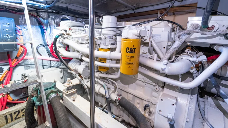  Yacht Photos Pics Engine room of a 2002 Silverton 41 Sport Bridge with CAT components and wiring.