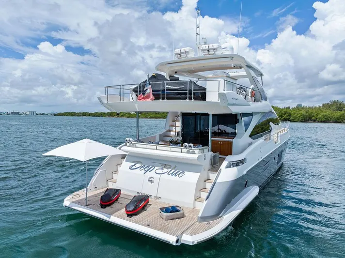 Deep Blue Yacht Photos Pics 2018 Azimut Flybridge yacht on water, featuring spacious deck and luxurious design.