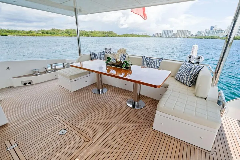 Deep Blue Yacht Photos Pics Luxurious 2018 Azimut Flybridge yacht deck with elegant seating and scenic water view.