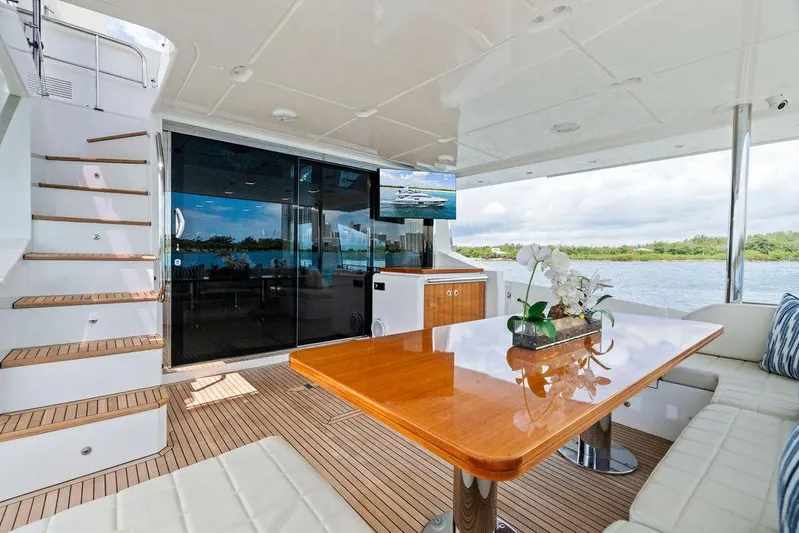 Deep Blue Yacht Photos Pics Luxurious 2018 Azimut Flybridge yacht interior with elegant seating and wooden table.