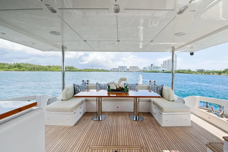 Deep Blue Yacht Photos Pics Luxurious 2018 Azimut Flybridge yacht deck with elegant seating and scenic waterfront view.