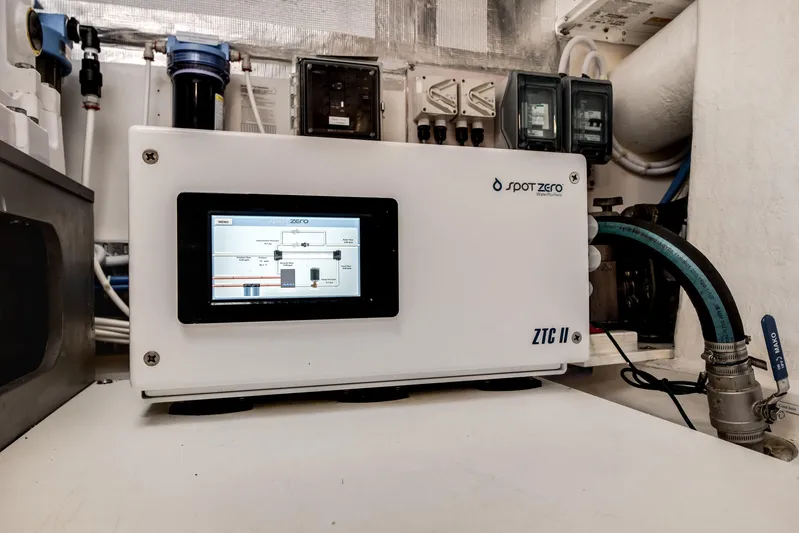 Godspeed Yacht Photos Pics Spot Zero water filtration system in 2024 Maritimo M55 yacht engine room.