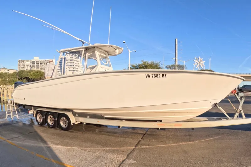  Yacht Photos Pics 2007 Cape Horn 36T boat on trailer, parked outdoors under clear sky.