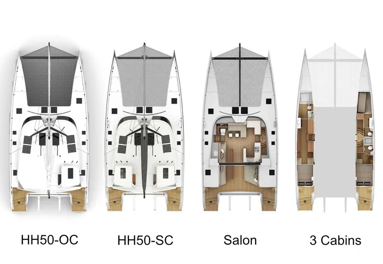 Honey Ryder Yacht Photos Pics 2022 HH Catamarans 50 floor plans: HH50-OC, HH50-SC, salon, and three cabins layout.