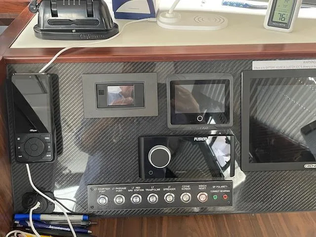 Honey Ryder Yacht Photos Pics Control panel of a 2022 HH Catamarans 50, featuring navigation and audio systems.