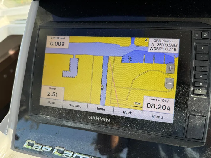  Yacht Photos Pics Garmin GPS display on Jeanneau Leader 9.0 WA, showing map and navigation details.