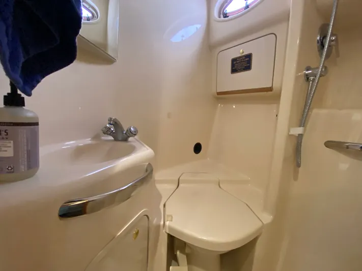  Yacht Photos Pics Bathroom interior of 1997 Sea Ray 450 Sundancer yacht, featuring sink and shower.