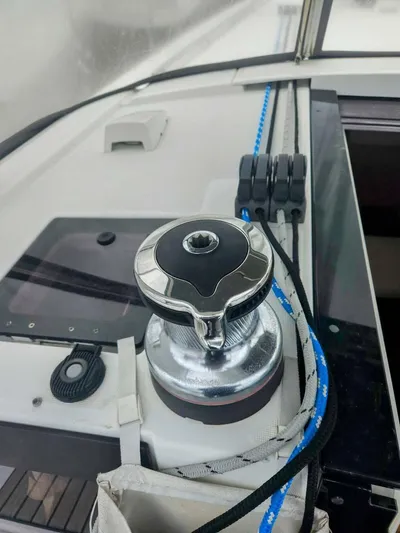 Far Star Yacht Photos Pics Close-up of winch on 2012 Beneteau Oceanis 41 sailboat deck.
