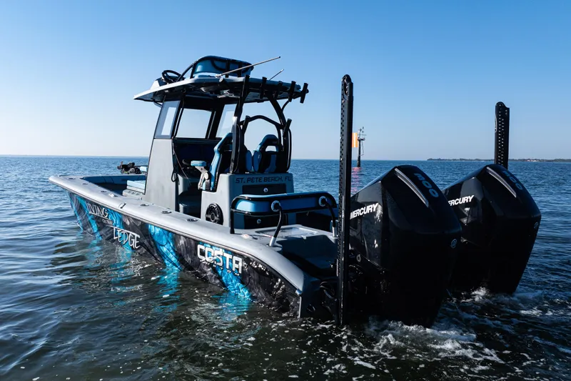  Yacht Photos Pics 2022 Costa Custom Boats 264 on water, featuring dual Mercury engines.