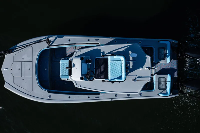  Yacht Photos Pics Overhead view of 2022 Costa Custom Boats 264 on dark water.