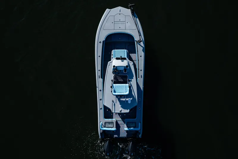  Yacht Photos Pics Aerial view of 2022 Costa Custom Boats 264 on dark water.