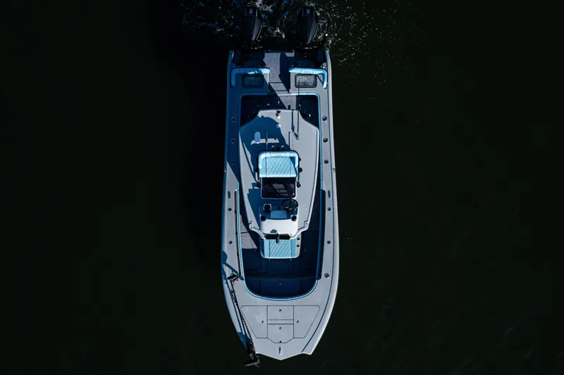  Yacht Photos Pics Overhead view of 2022 Costa Custom Boats 264 on dark water.
